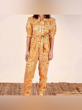 Women's Yellow Printed Jumpsuit with Tie Waist